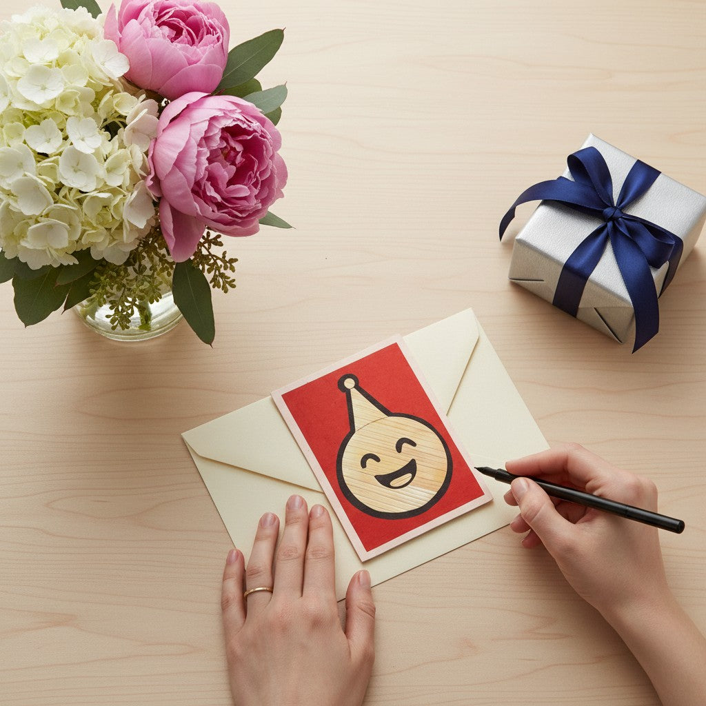 Lokta Cards birthday cap smiley emoji greeting card, hand-carved on red textured paper.