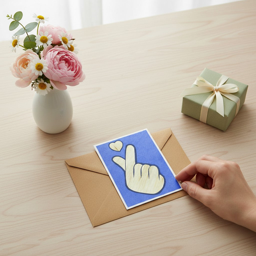 Lokta Cards blue handmade greeting card with a finger heart symbol and a small heart above. Made from sustainable Lokta paper.