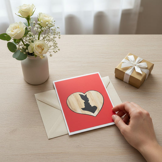 Lokta Cards red greeting card featuring a heart with silhouettes of a couple's faces in profile.