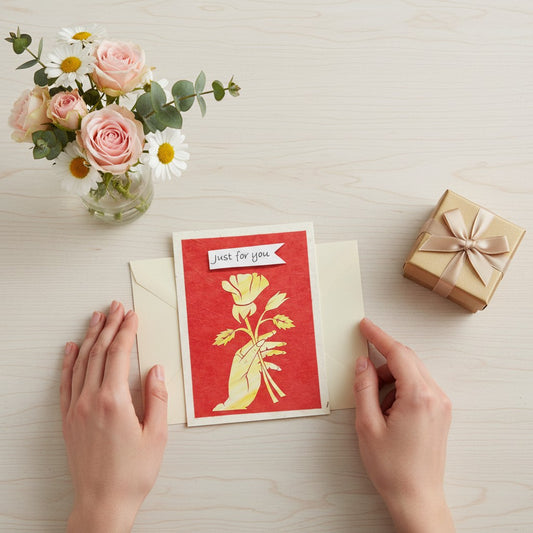 Lokta Cards hand-carved greeting card with a yellow rose held by a hand on a red textured background. "Just for you" banner.
