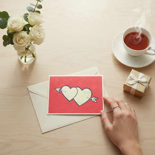 Lokta Cards red handmade greeting card with two carved hearts pierced by an arrow.