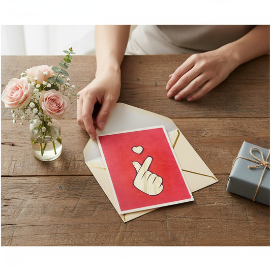 Lokta Cards red greeting card with a hand-carved finger heart symbol and a small heart above. Handmade from sustainable Lokta paper.