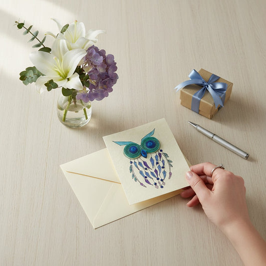 Lokta Cards handmade quilled owl greeting card with blue and green eyes, purple and blue feathers, and beaded accents on textured cream paper.