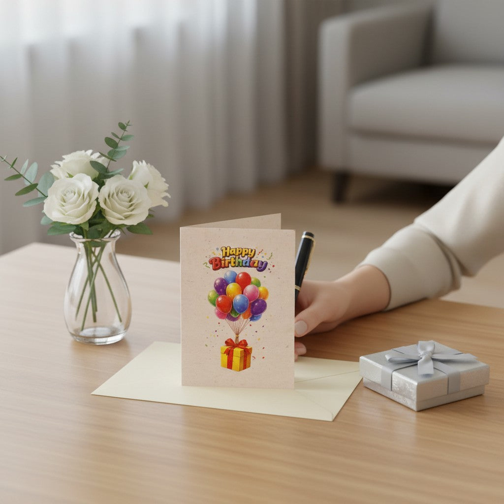 Lokta Cards birthday card with colorful balloons floating above a yellow gift box with a red ribbon. Handmade Lokta paper.