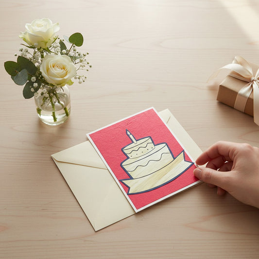Lokta Cards birthday cake card, hand-carved with a candle on a red textured background.