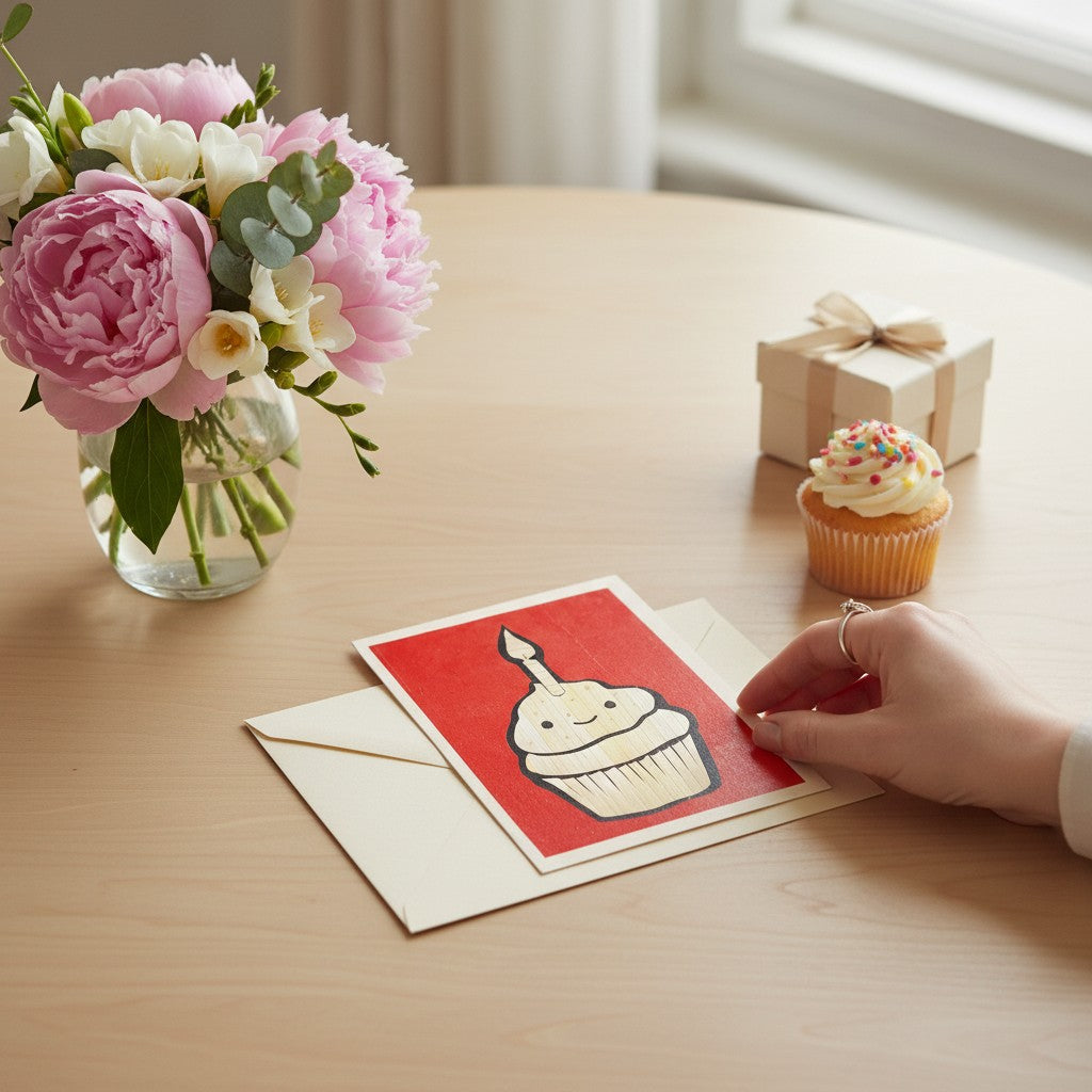 Lokta Cards birthday cupcake greeting card with a candle on a red background, hand-carved from Lokta paper.
