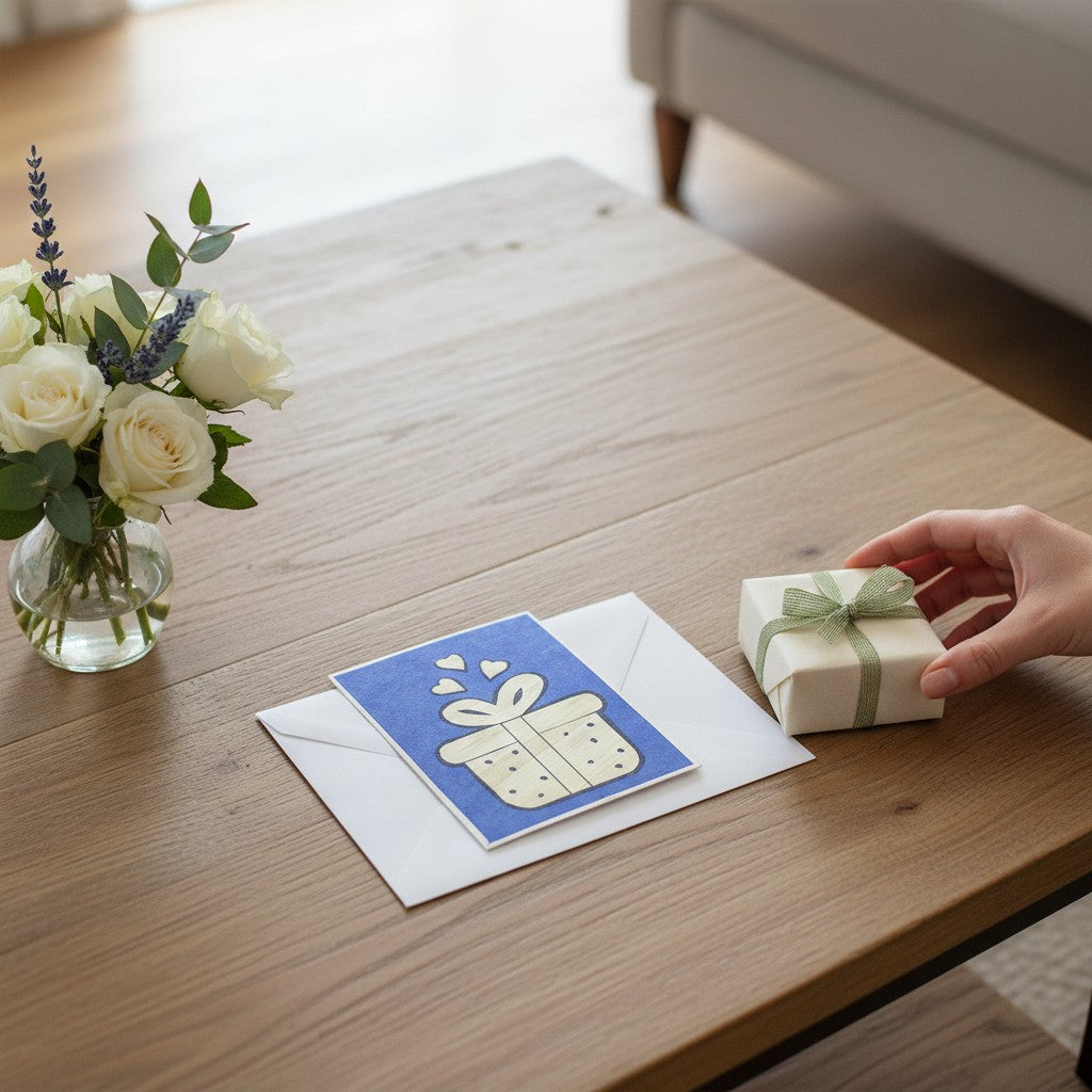 Lokta Cards hand-carved birthday gift card with a yellow present and hearts on a blue background. Made from sustainable Lokta paper.