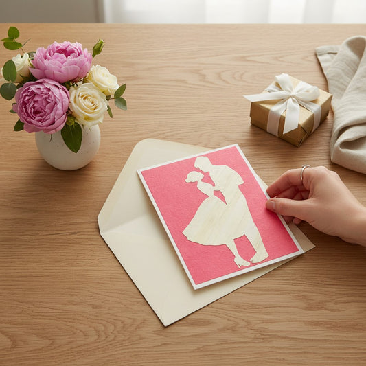 Lokta Cards couple carved card with a silhouette of a couple kissing on a textured pink background.