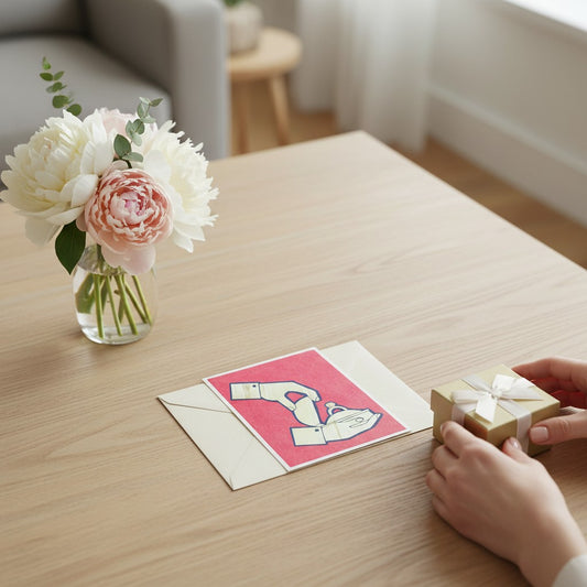 Lokta Cards hand-carved engagement ring card on red textured paper. Features two hands, one presenting a ring box.