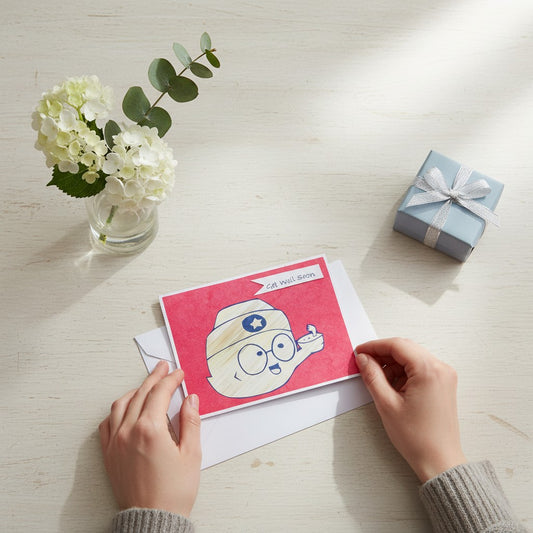 Lokta Cards Get Well Soon greeting card with hand-carved character holding a bowl. Red textured paper.