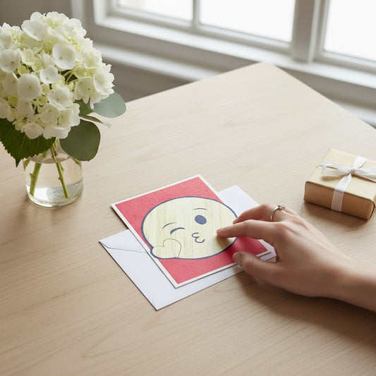 Lokta Cards Kissing Emoji handmade card with yellow emoji face on red textured paper.