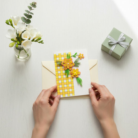 Lokta Cards handmade quilled yellow flowers with pink accents on a checkered background. Blank inside, 4.5x6 inches.