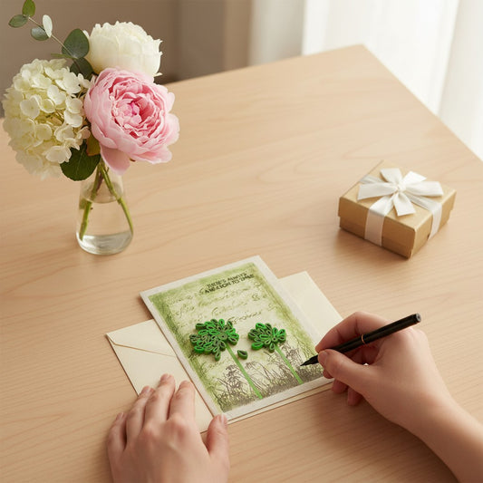 Lokta Cards handmade quilling greeting card with green flowers and inspirational text "There's Always A Reason To Smile".