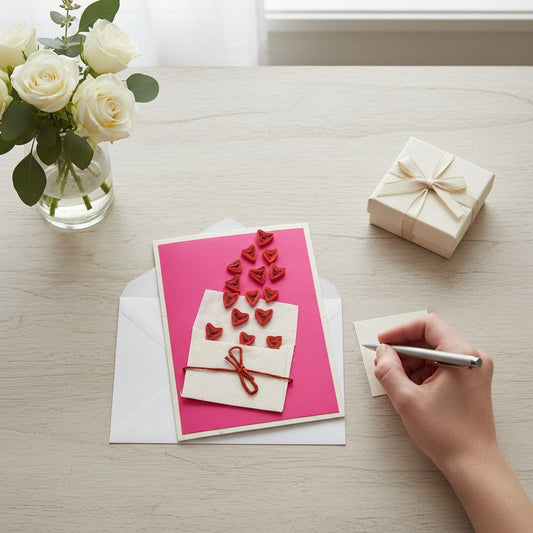 Lokta Cards Sending Love quilling card with red hearts spilling from an envelope on a pink background.