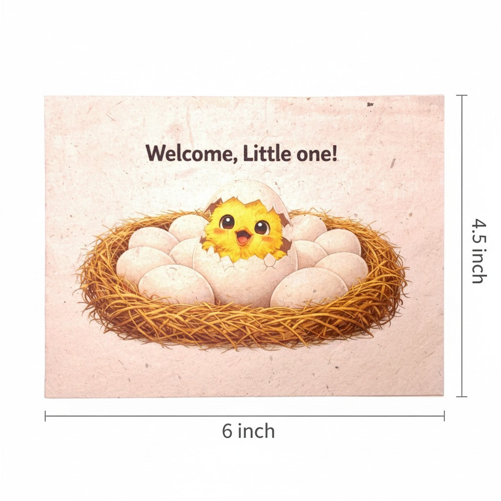 Lokta Cards baby chick hatching from egg in nest greeting card, "Welcome, Little one!"