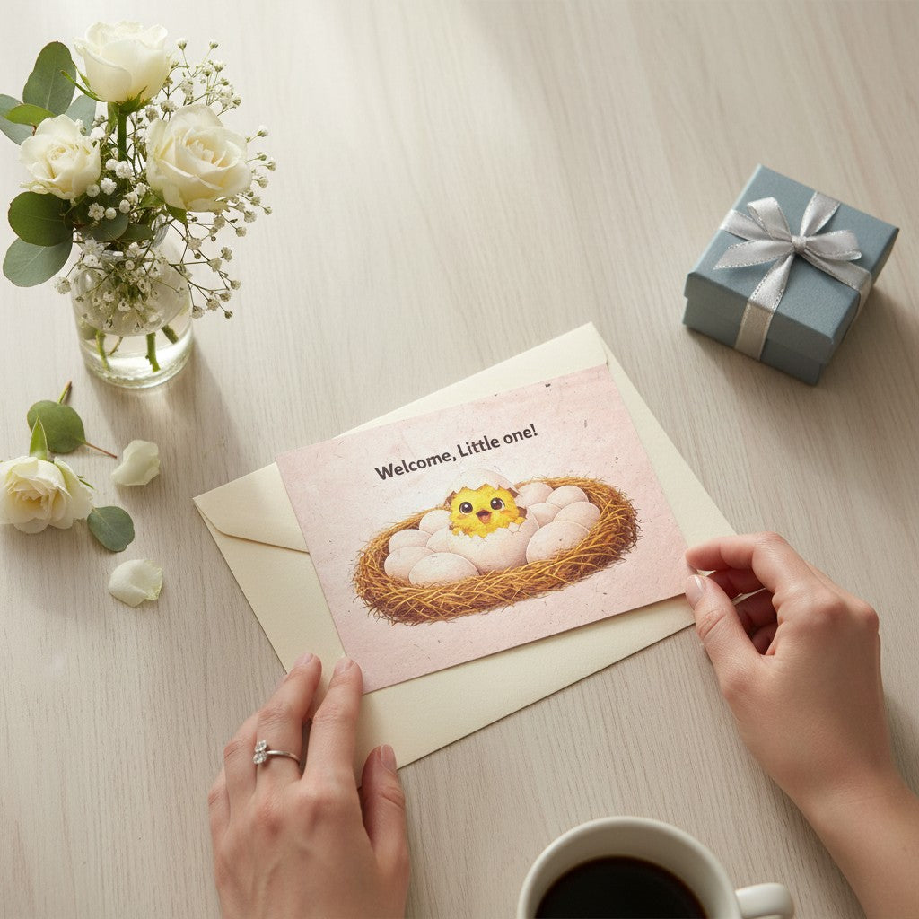 Lokta Cards baby chick hatching from egg in nest greeting card. Features text "Welcome, Little one!"