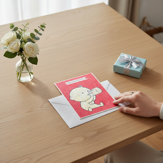 Lokta Cards congratulations card featuring a hand-carved baby drinking from a bottle on red textured paper.