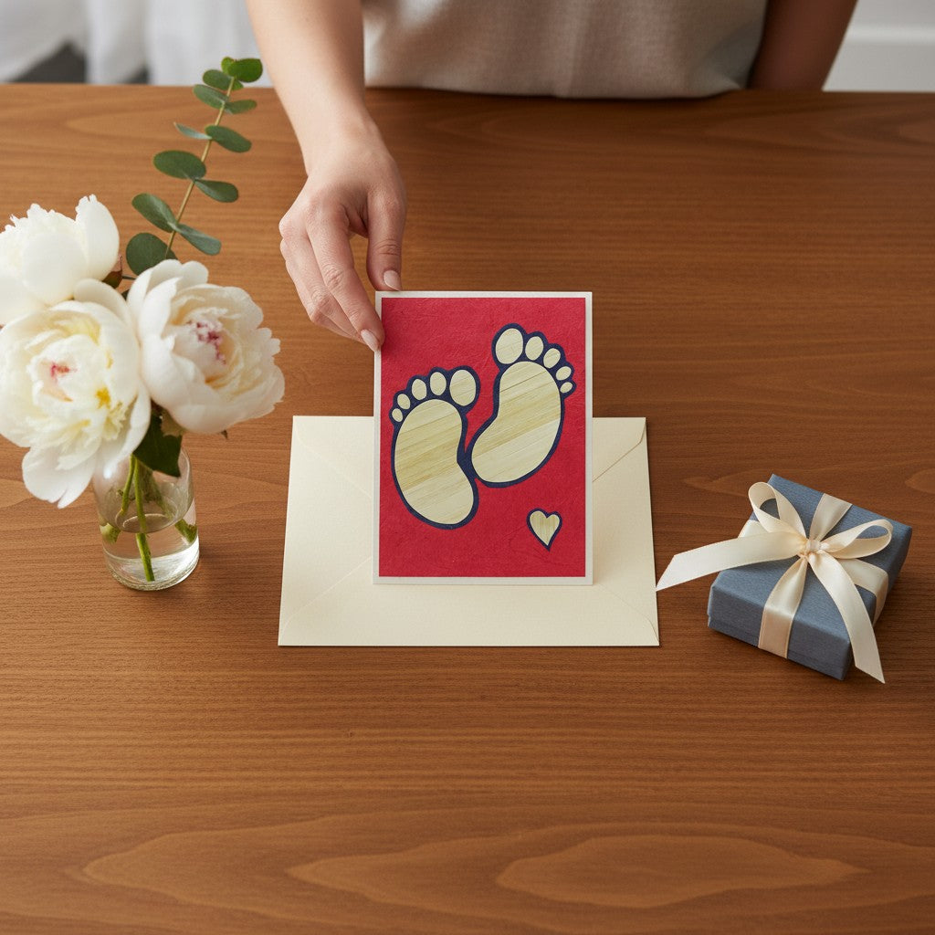 Lokta Cards red greeting card with hand-carved baby footprints and a small heart, made from natural Lokta paper.