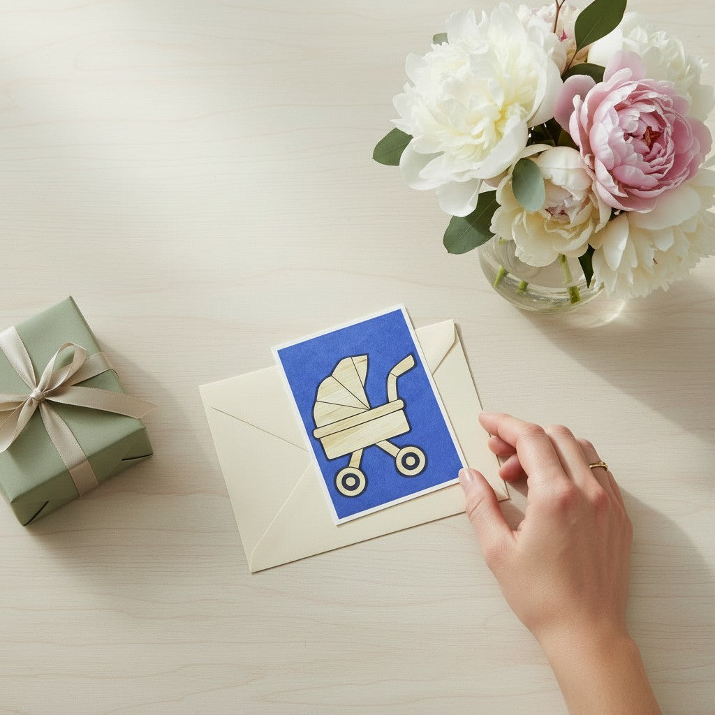 Lokta Cards hand-carved baby stroller greeting card on blue background with cream envelope.
