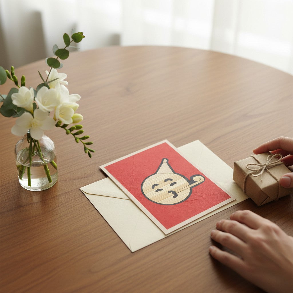 Lokta Cards hand-carved greeting card with a blowing kiss emoji design on red Lokta paper.