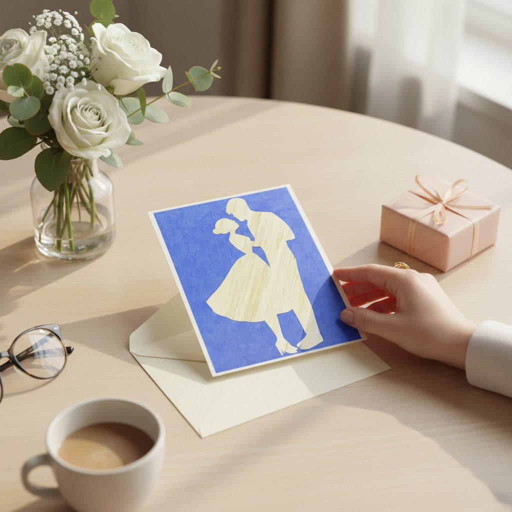 Lokta Cards couple carved greeting card with a silhouette of a couple embracing against a blue textured background.
