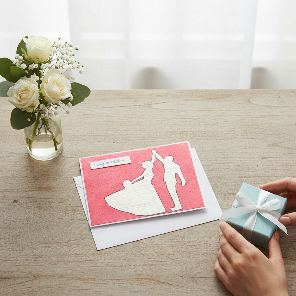 Lokta Cards hand-carved greeting card featuring a couple dancing silhouette on a pink textured background with a 'Congratulations' label.