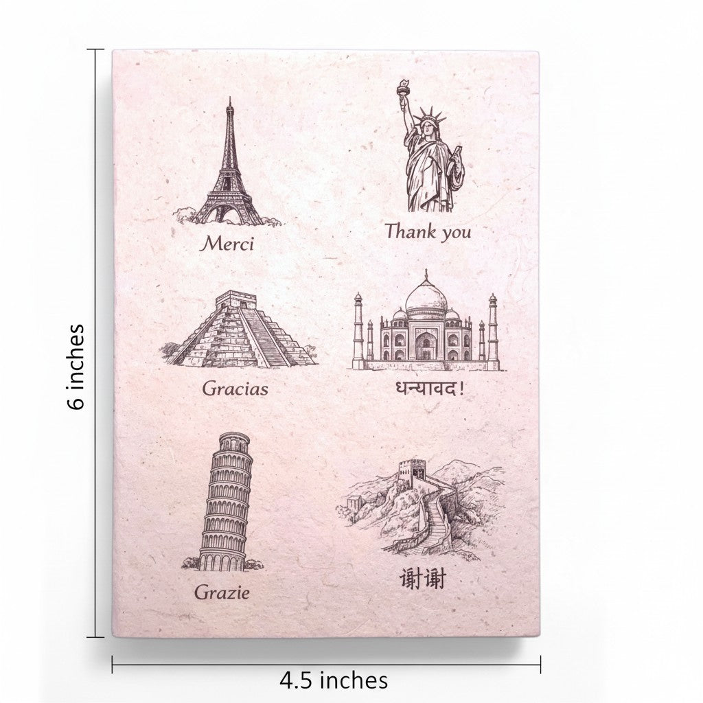 Lokta Cards handmade greeting card featuring famous landmarks and 'thank you' in multiple languages: Eiffel Tower, Statue of Liberty, Chichen Itza, Taj Mahal, Leaning Tower of Pisa, Great Wall of China.