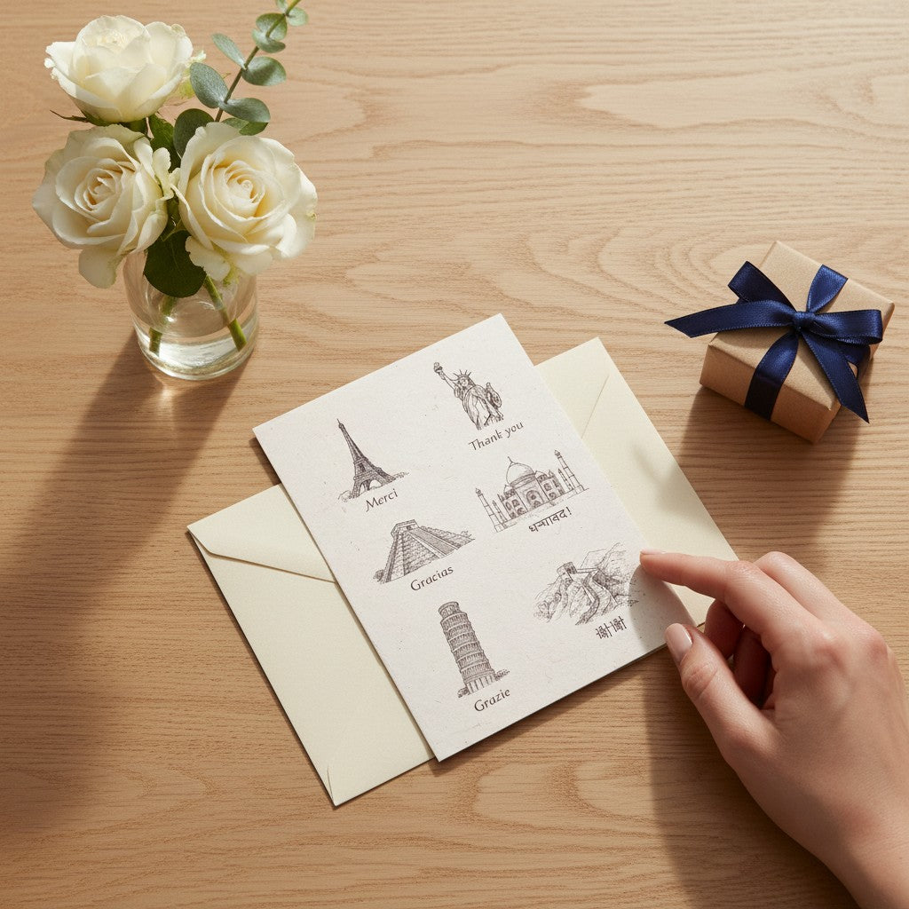 Lokta Cards handmade greeting card featuring famous landmarks and 'thank you' in different languages: Eiffel Tower, Statue of Liberty, Chichen Itza, Taj Mahal, Leaning Tower of Pisa, Great Wall of China.