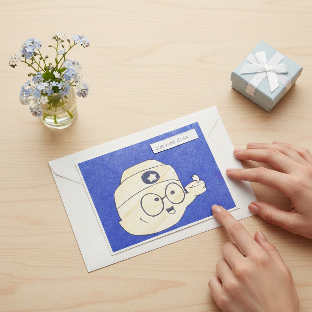 Lokta Cards Get Well Soon greeting card with a hand-carved cartoon character wearing a cap and glasses, holding a cup.