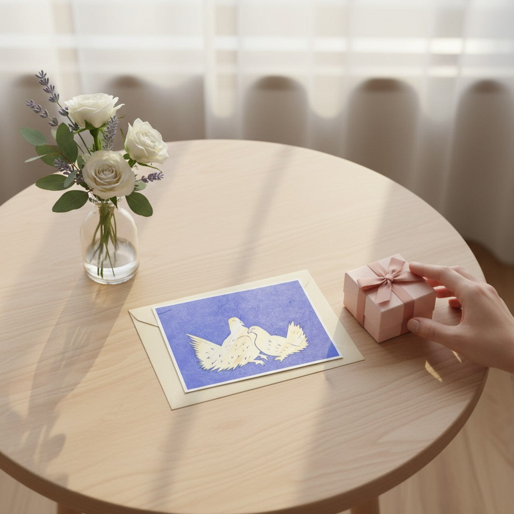 Lokta Cards hand-carved greeting card featuring two yellow doves against a textured blue background.