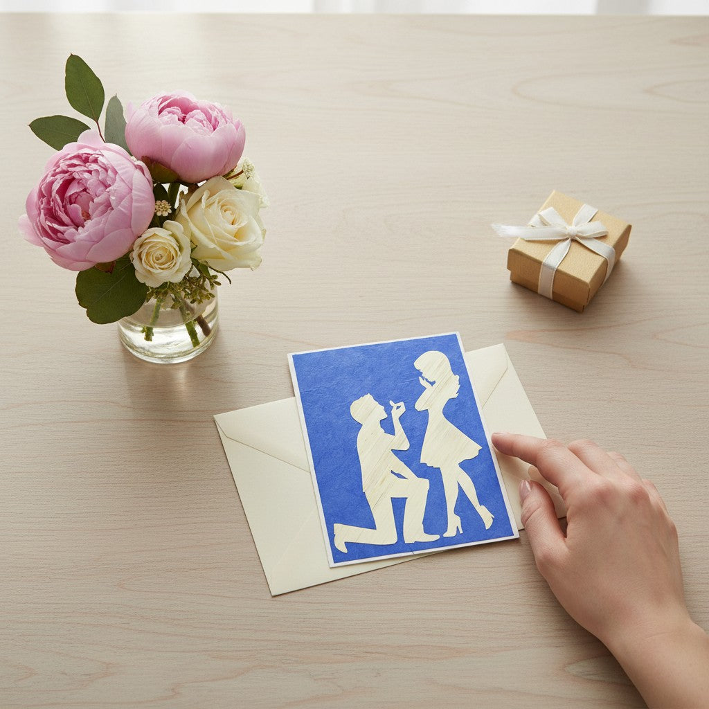 Lokta Cards hand-carved engagement card featuring a man proposing to a woman on a blue textured background.