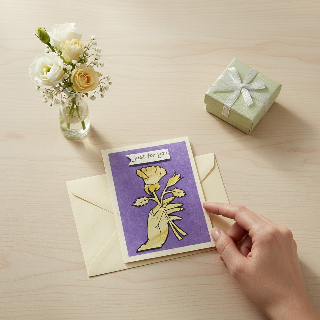 Lokta Cards hand-carved greeting card with a yellow rose held by a hand on a purple background, reads "Just for you".