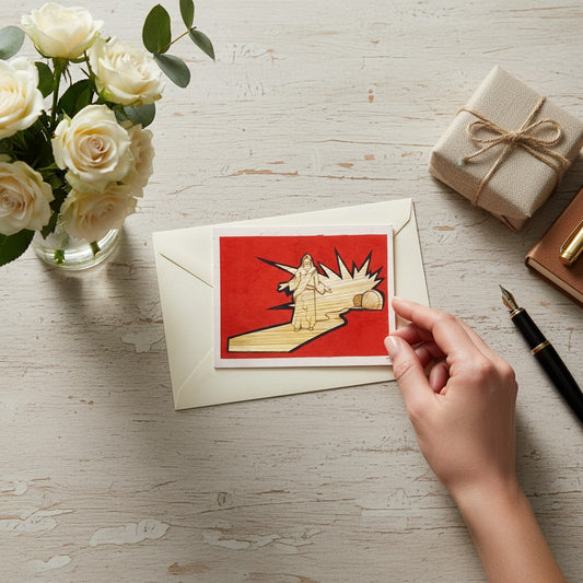 Lokta Cards hand-carved greeting card featuring Jesus and an empty tomb on a red background.