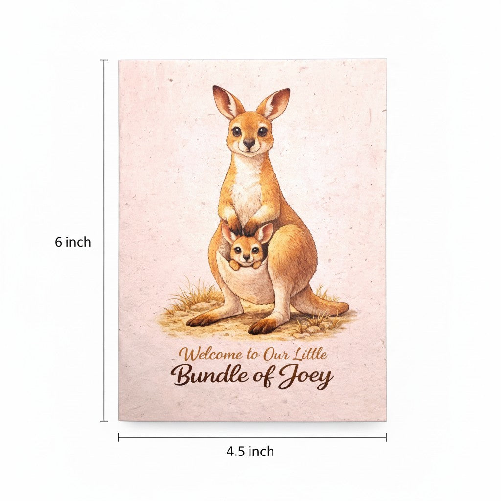 Lokta Cards greeting card featuring a mother kangaroo and joey in her pouch, with text "Welcome to Our Little Bundle of Joey".