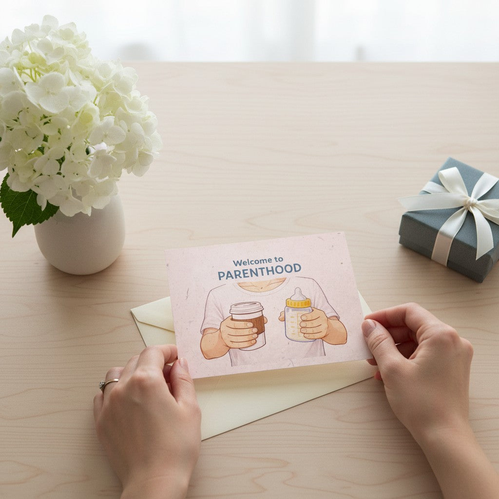 Lokta Cards handmade greeting card for new parents, featuring a person holding a coffee cup and a baby bottle. Text says "Welcome to Parenthood".