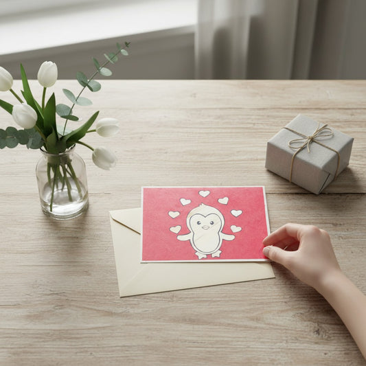 Lokta Cards hand-carved penguin card with hearts on textured red paper. Unique, handmade greeting card.