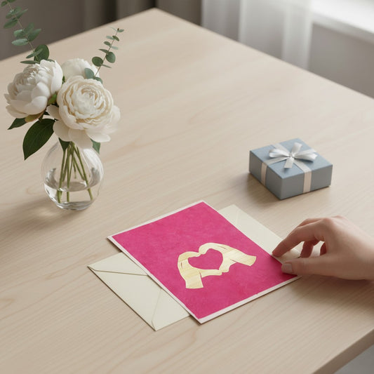 Lokta Cards pink handmade greeting card with a gold heart hands design, blank inside.