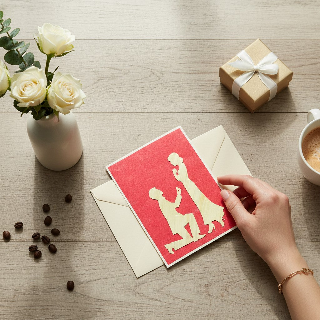 Lokta Cards hand-carved proposal card featuring a man on one knee offering a ring to a woman against a red textured background.