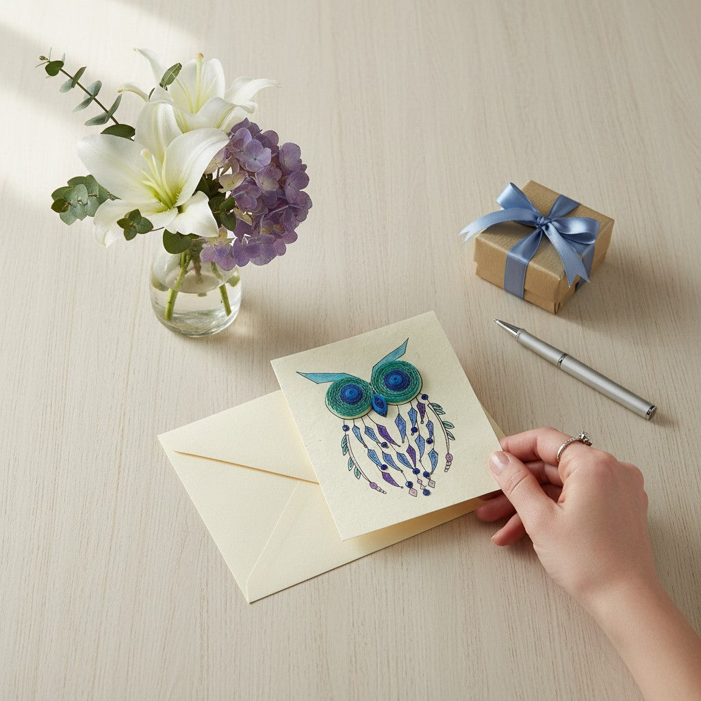 Lokta Cards handmade quilled owl greeting card with blue and green eyes, purple and blue feathers, and beaded accents on textured cream paper.