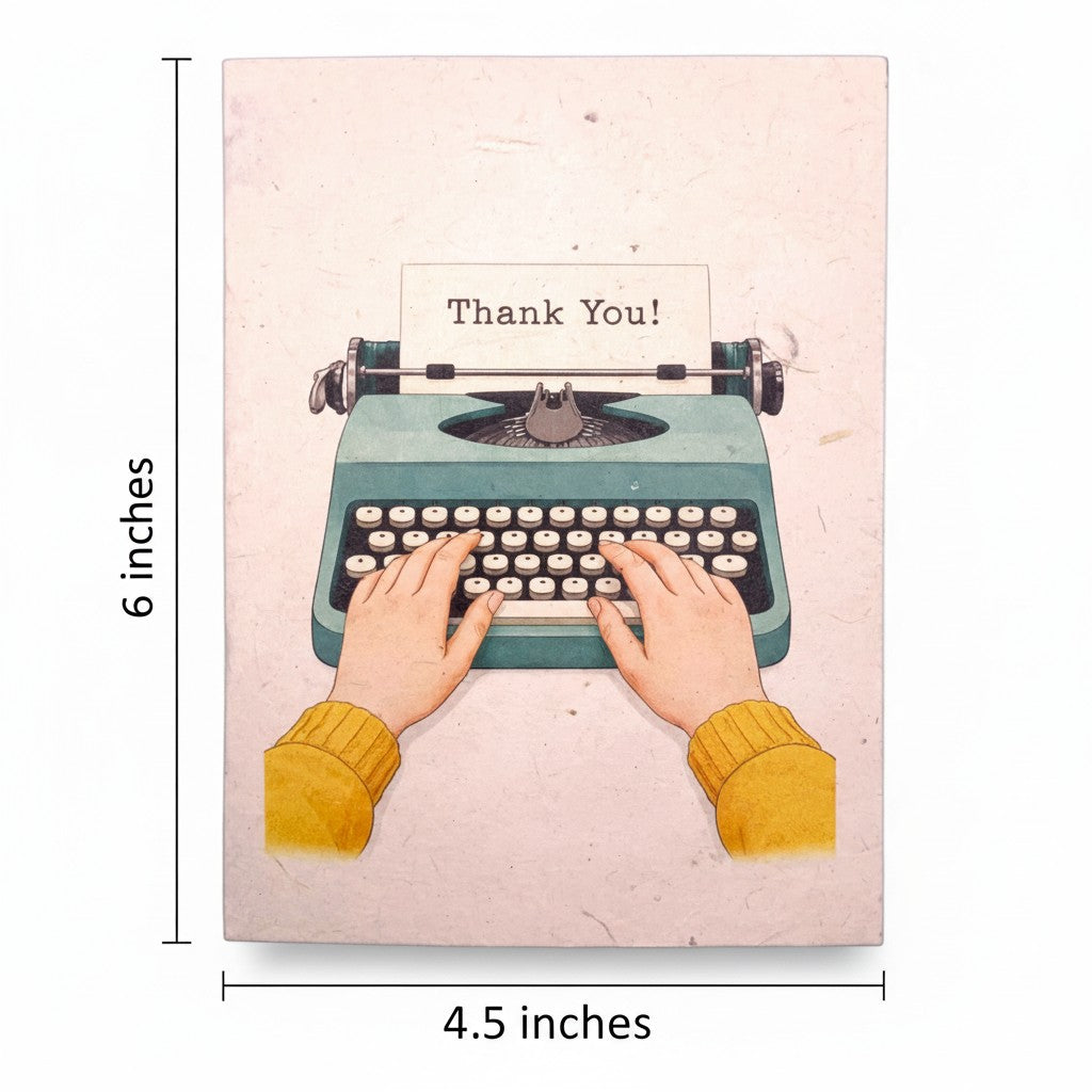 Lokta Cards handmade thank you card featuring a teal typewriter with hands typing and a yellow sweater.