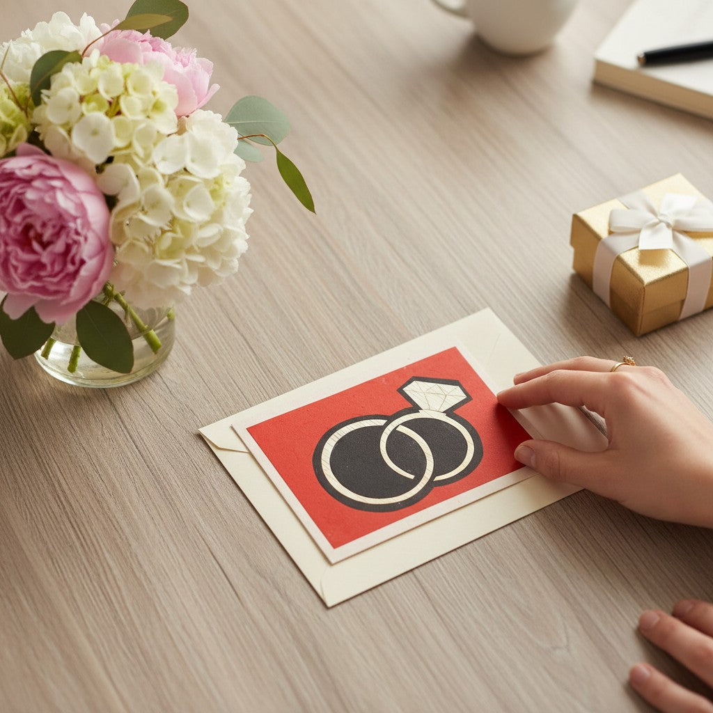 Lokta Cards hand-carved wedding rings greeting card with diamond accent on red background.