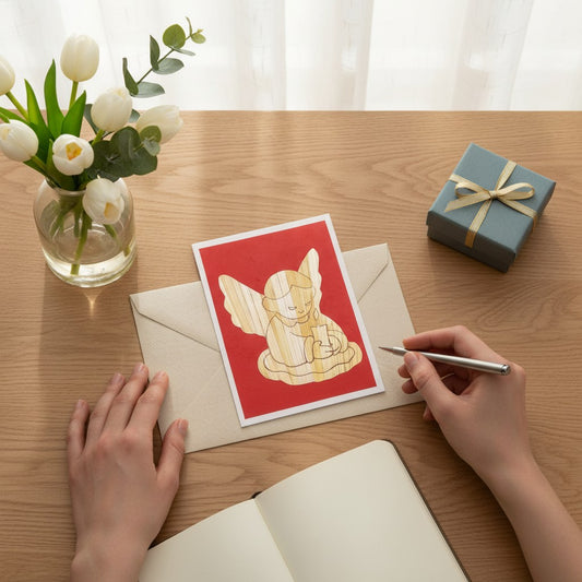 Lokta Cards hand-carved angel with candle on red background, made from natural fibers.