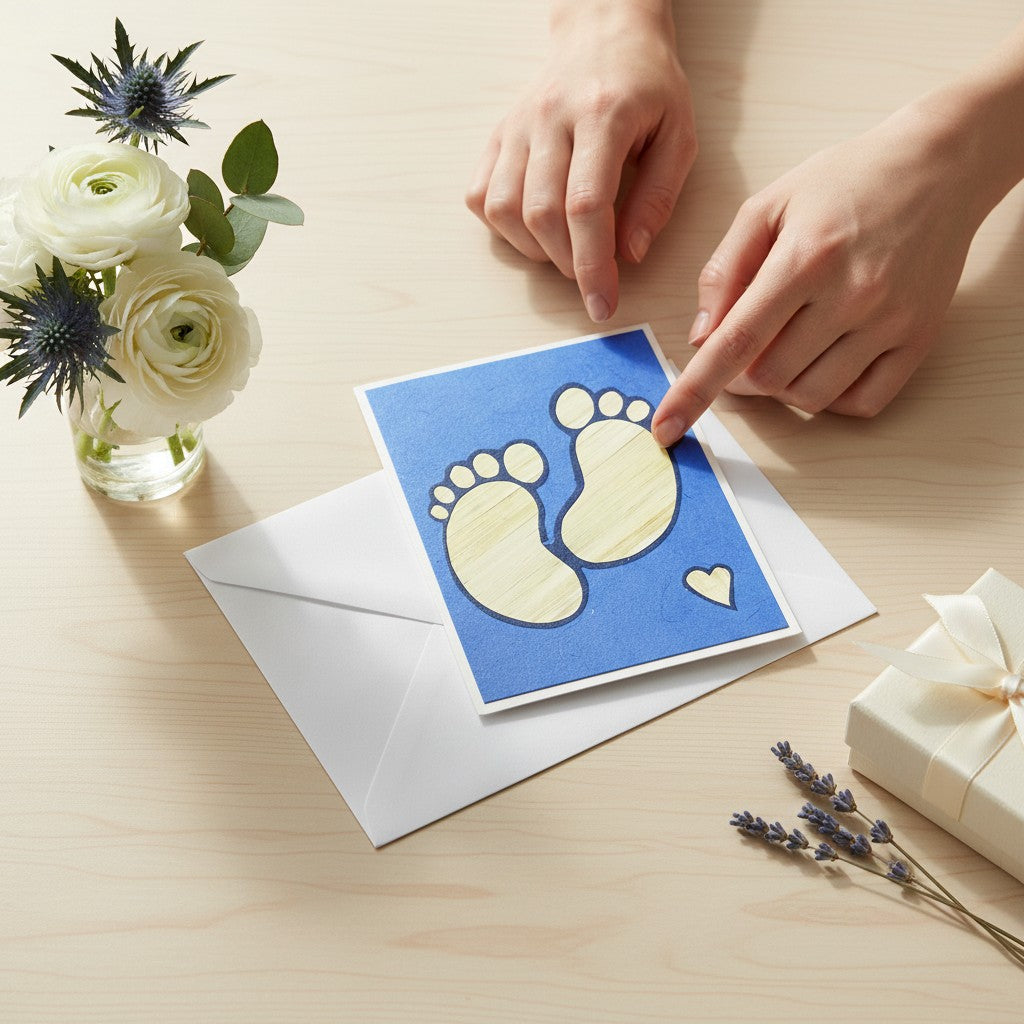Lokta Cards baby footprint greeting card with a small heart detail on blue textured paper.