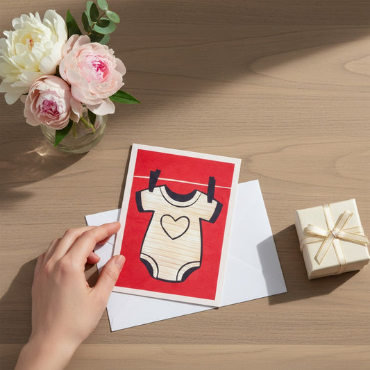 Lokta Cards baby onesie greeting card with heart detail, hand-carved on red paper.