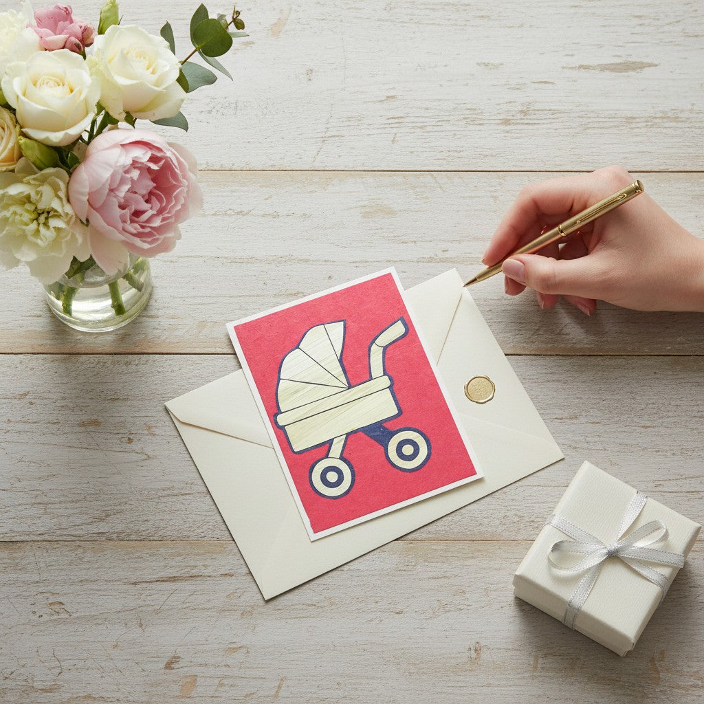 Lokta Cards hand-carved baby stroller greeting card on red textured paper. Features a light wood-toned stroller with dark blue outlines.