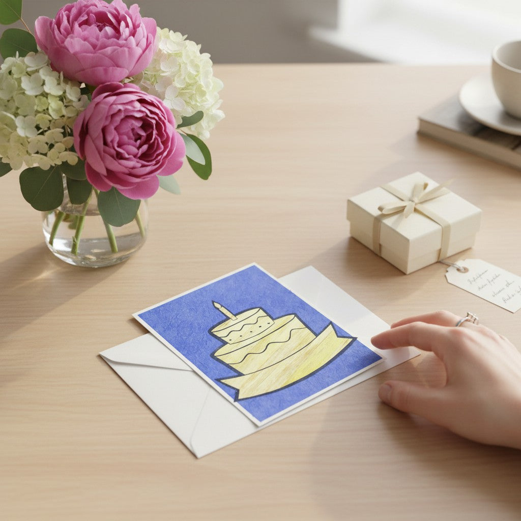 Lokta Cards birthday cake card with a candle on a blue textured background. Hand-carved Lokta paper.