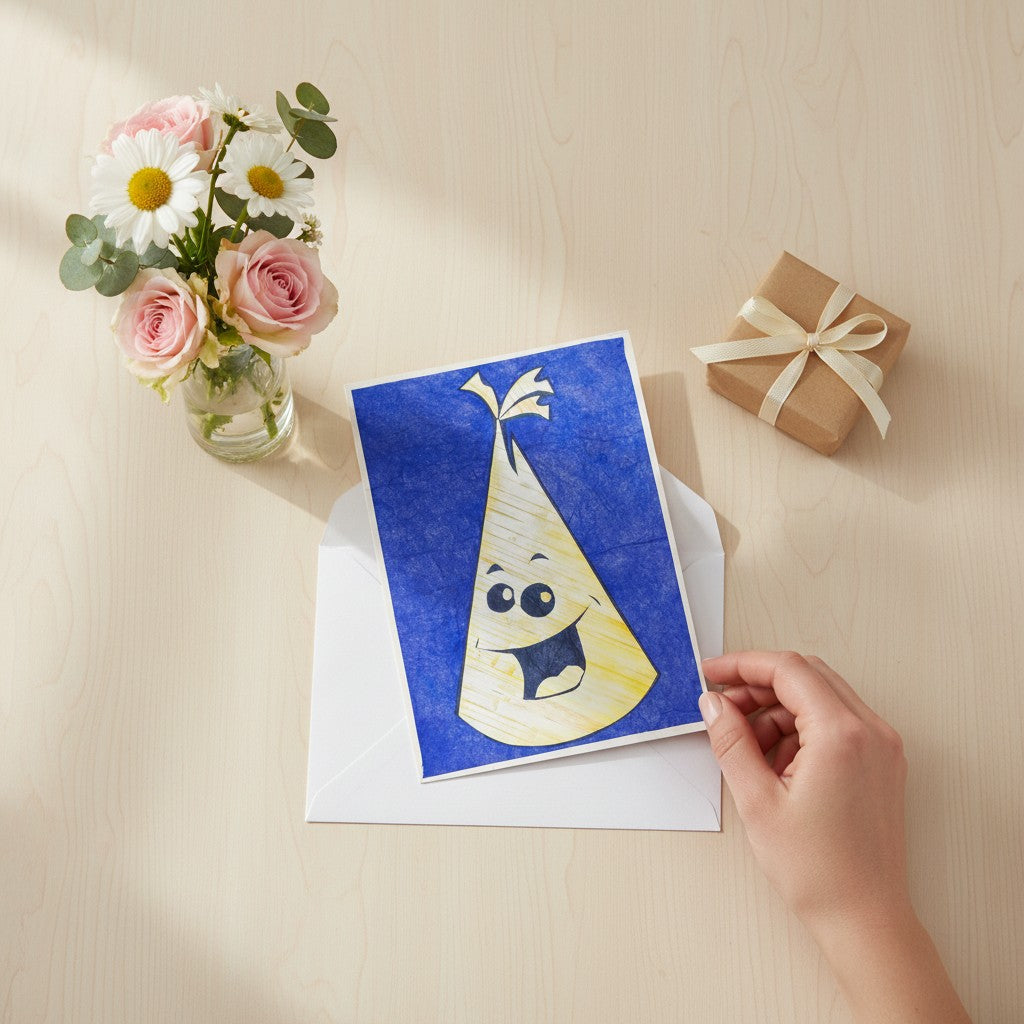 Lokta Cards hand-carved birthday cap greeting card with a smiling face on textured blue paper.