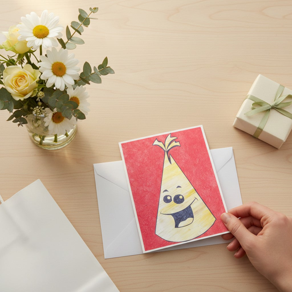 Lokta Cards birthday cap greeting card with a happy face on a textured red background. Hand-carved Lokta paper.