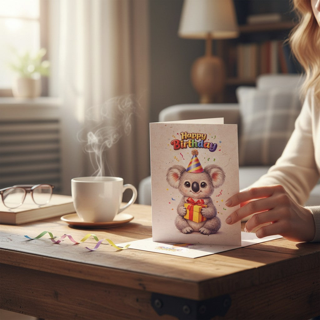 Lokta Cards birthday greeting card featuring a cute koala in a party hat holding a gift.