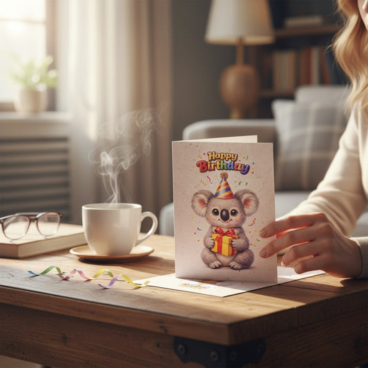 Lokta Cards birthday greeting card featuring a cute koala in a party hat holding a gift.